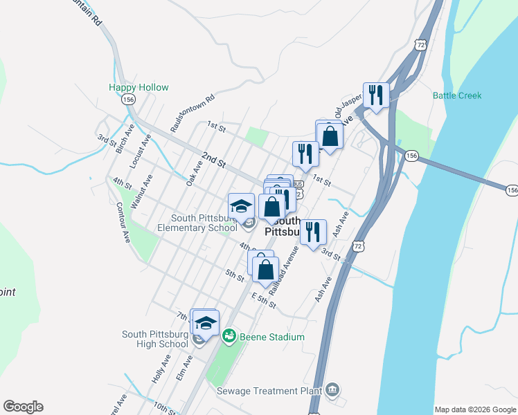 map of restaurants, bars, coffee shops, grocery stores, and more near 208 Elm Avenue in South Pittsburg
