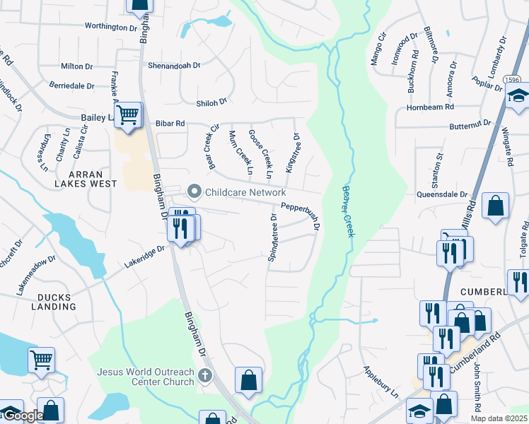 map of restaurants, bars, coffee shops, grocery stores, and more near 2205 Indigo Bush Place in Fayetteville