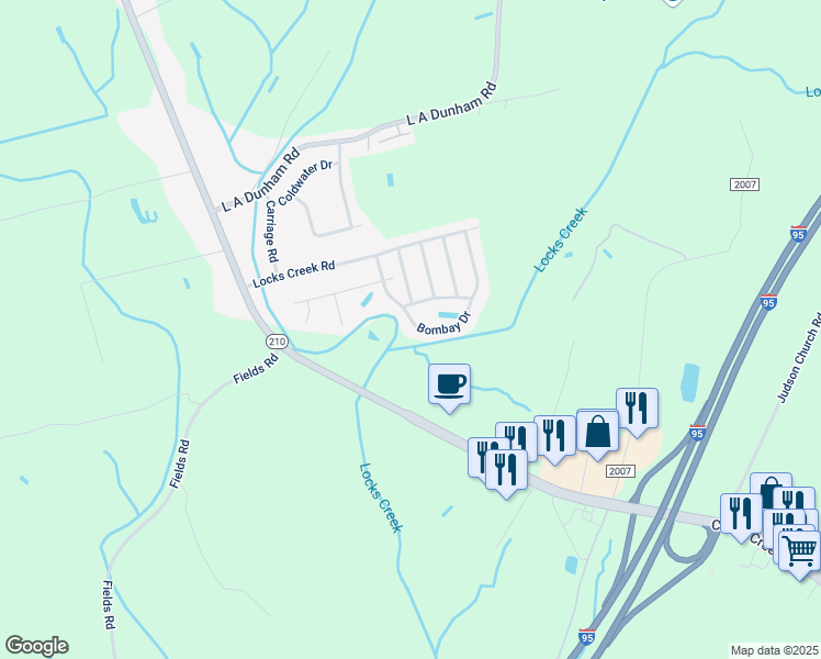 map of restaurants, bars, coffee shops, grocery stores, and more near 1235 Bombay Drive in Fayetteville