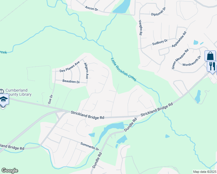 map of restaurants, bars, coffee shops, grocery stores, and more near 6800-6898 Tanager Court in Fayetteville