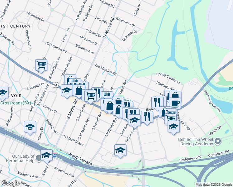 map of restaurants, bars, coffee shops, grocery stores, and more near 207 Tacoa Avenue in Chattanooga