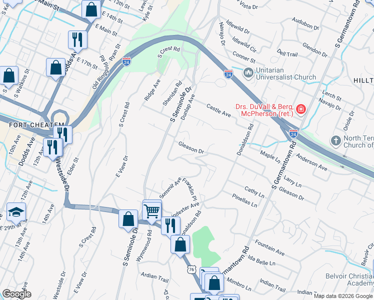 map of restaurants, bars, coffee shops, grocery stores, and more near 712 Summit Avenue in Chattanooga