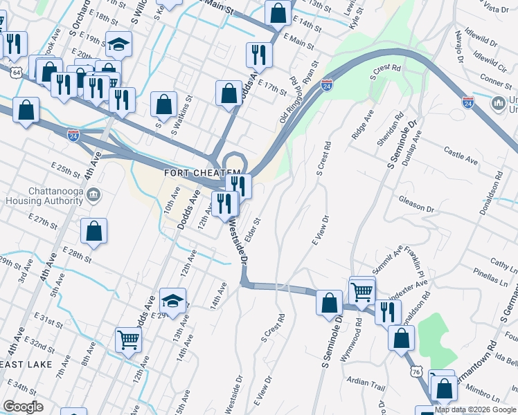 map of restaurants, bars, coffee shops, grocery stores, and more near 2475 15th Avenue in Chattanooga