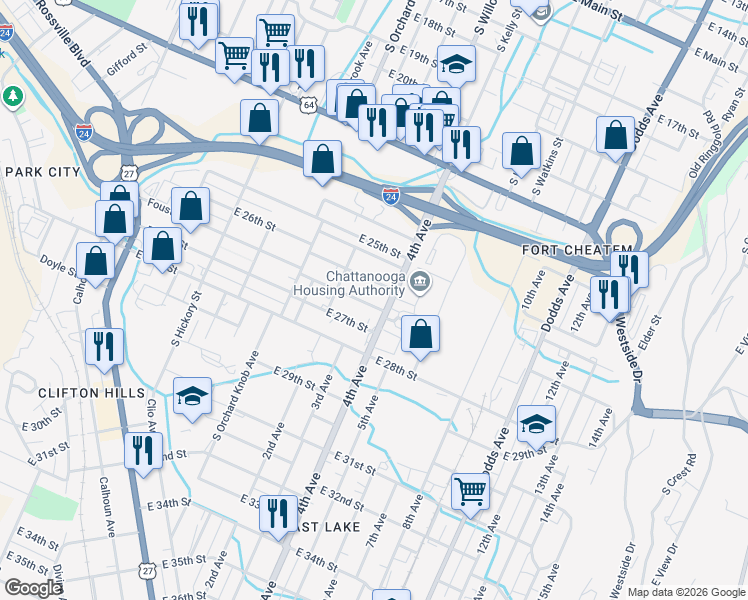 map of restaurants, bars, coffee shops, grocery stores, and more near in Chattanooga
