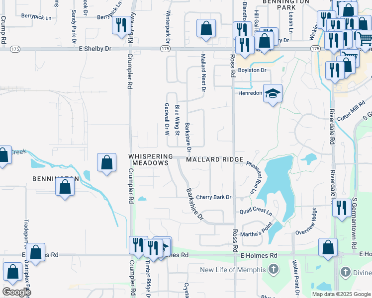 map of restaurants, bars, coffee shops, grocery stores, and more near 4965 Barkshire Drive in Memphis