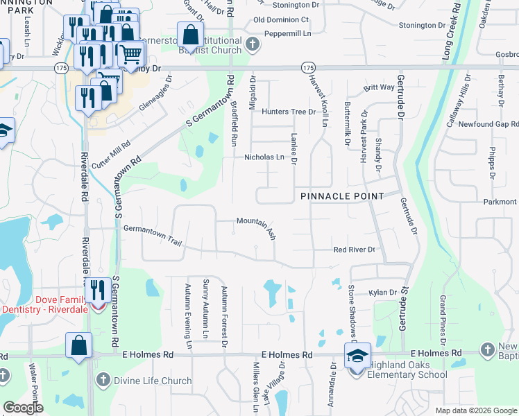 map of restaurants, bars, coffee shops, grocery stores, and more near 7279 Rourke Circle in Memphis