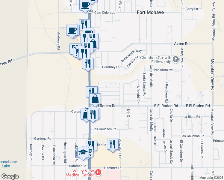 map of restaurants, bars, coffee shops, grocery stores, and more near 1545 East El Rodeo Road in Fort Mohave