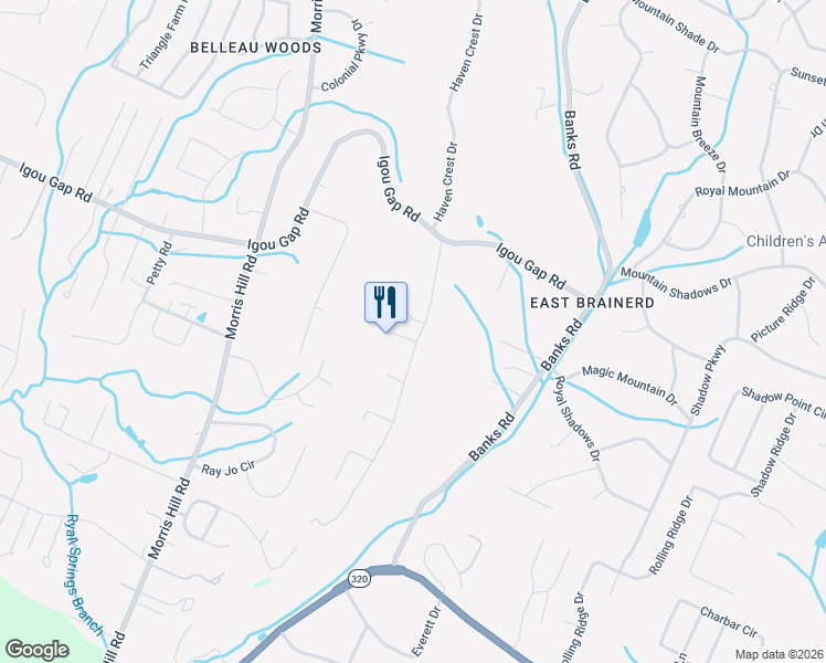map of restaurants, bars, coffee shops, grocery stores, and more near 1831 Julian Ridge Road in Chattanooga