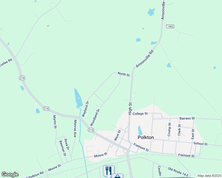 map of restaurants, bars, coffee shops, grocery stores, and more near 335 Woodland Drive in Polkton