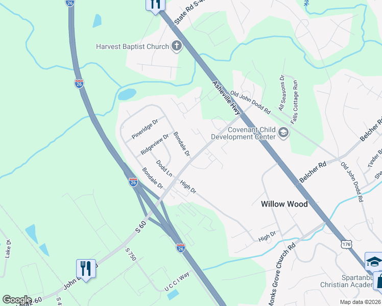 map of restaurants, bars, coffee shops, grocery stores, and more near 102 Bondale Drive in Spartanburg
