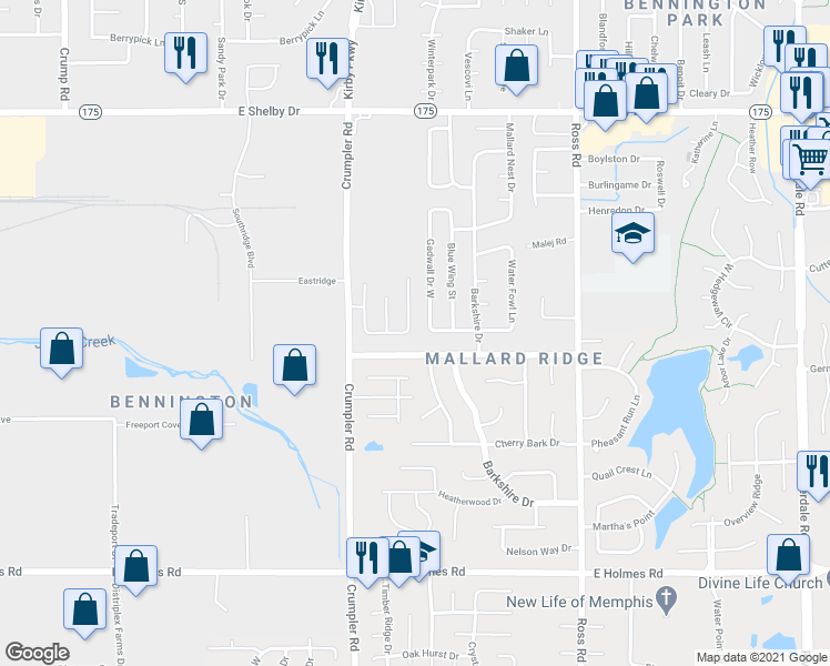 map of restaurants, bars, coffee shops, grocery stores, and more near 4952 Copper Valley Drive East in Memphis