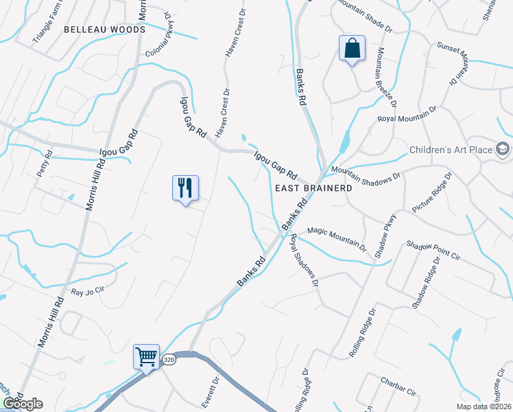 map of restaurants, bars, coffee shops, grocery stores, and more near 9127 Almond Ridge Road in Chattanooga