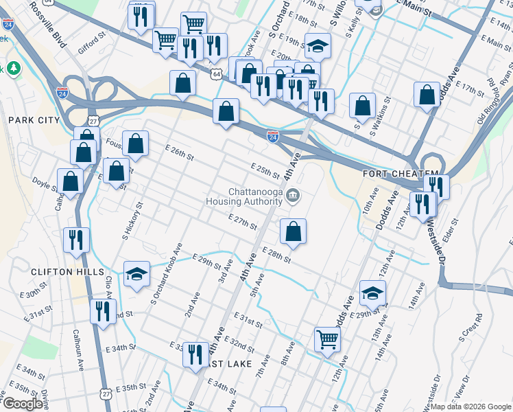 map of restaurants, bars, coffee shops, grocery stores, and more near in Chattanooga