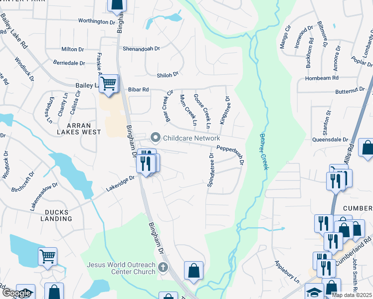 map of restaurants, bars, coffee shops, grocery stores, and more near 2208 Horse Chestnut Place in Fayetteville