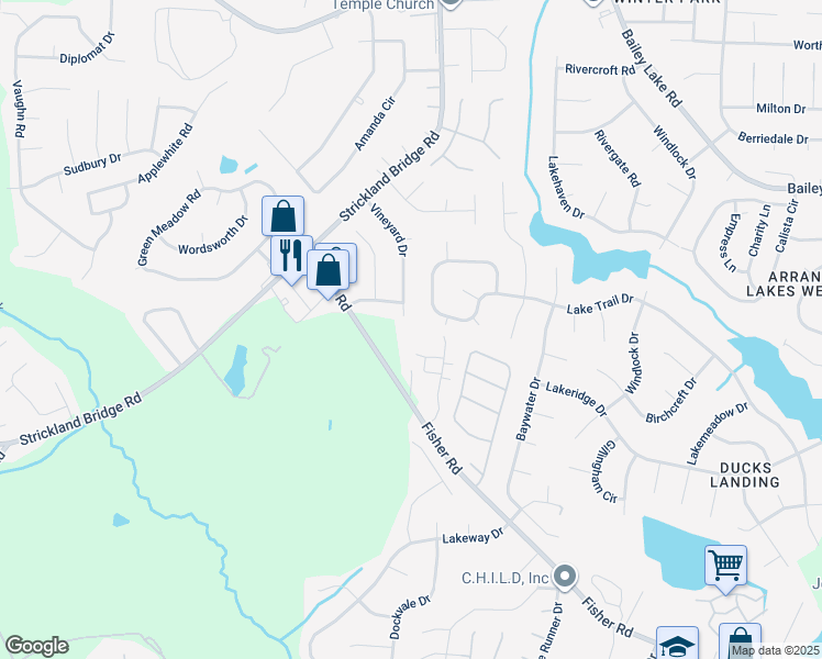 map of restaurants, bars, coffee shops, grocery stores, and more near 6526 Vineyard Drive in Fayetteville