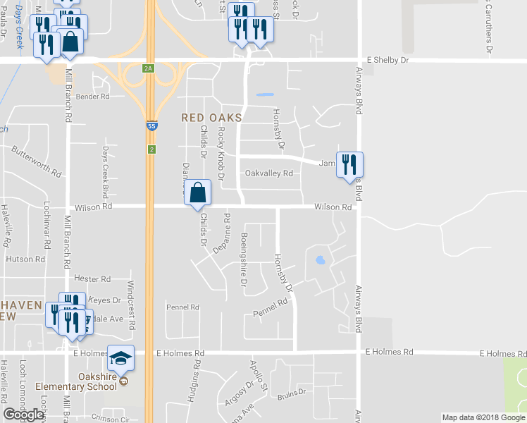 map of restaurants, bars, coffee shops, grocery stores, and more near 2045 Wilson Road in Memphis