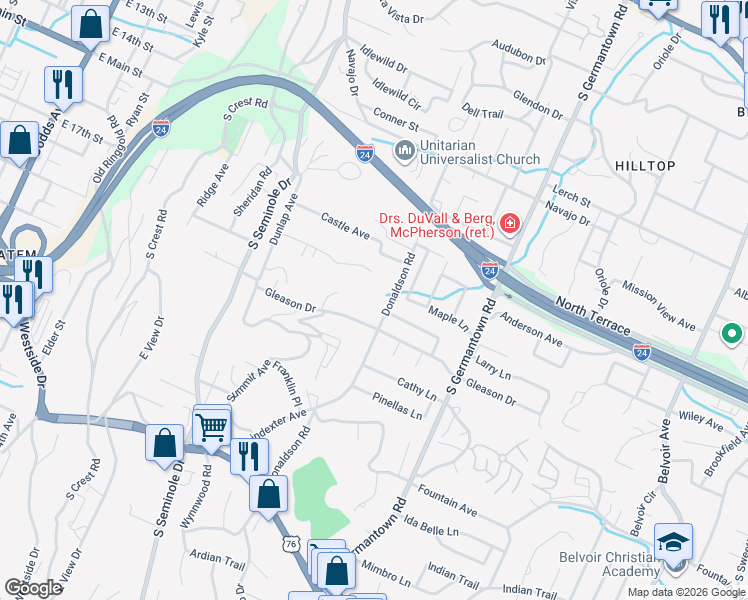 map of restaurants, bars, coffee shops, grocery stores, and more near 713 Donaldson Road in Chattanooga