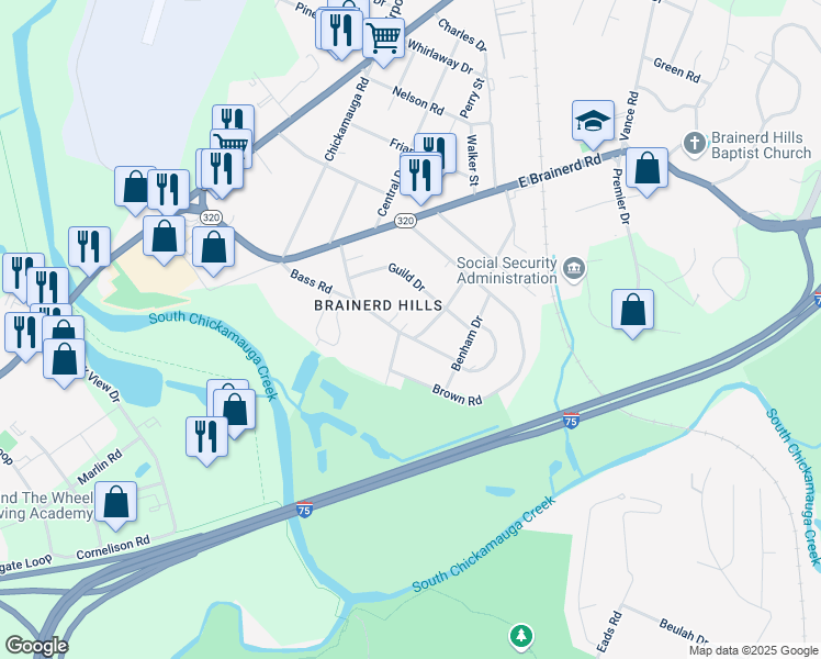 map of restaurants, bars, coffee shops, grocery stores, and more near 315 Bass Road in Chattanooga