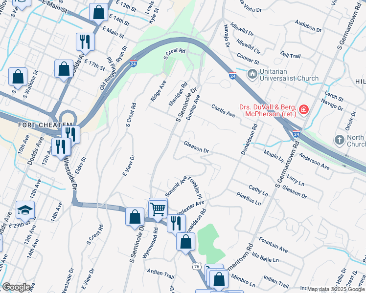 map of restaurants, bars, coffee shops, grocery stores, and more near 712 Summitt Avenue in Chattanooga