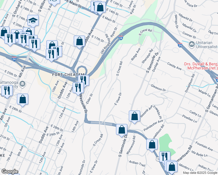 map of restaurants, bars, coffee shops, grocery stores, and more near 282 South Crest Drive in Chattanooga