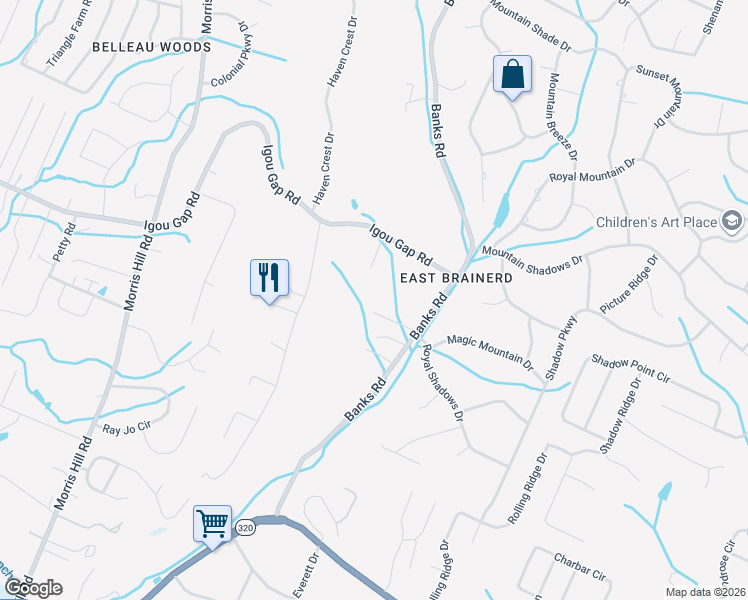 map of restaurants, bars, coffee shops, grocery stores, and more near 9127 Almond Ridge Road in Chattanooga