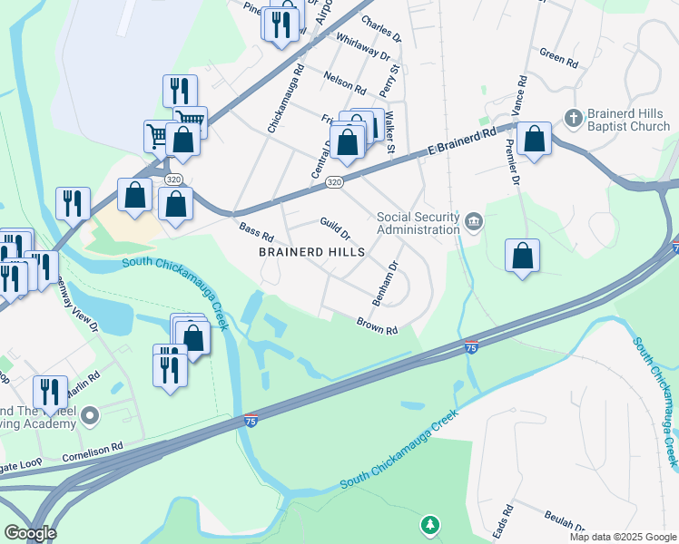 map of restaurants, bars, coffee shops, grocery stores, and more near 315 Bass Road in Chattanooga