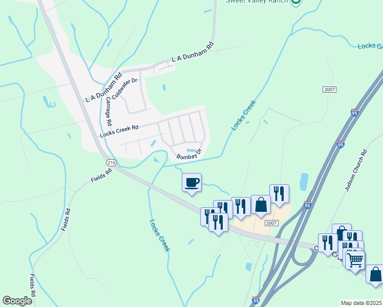 map of restaurants, bars, coffee shops, grocery stores, and more near 1204 Bombay Drive in Fayetteville