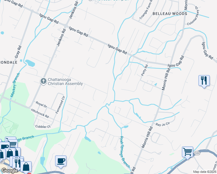 map of restaurants, bars, coffee shops, grocery stores, and more near 1795 Andover Place in Chattanooga