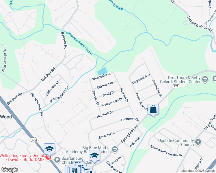 map of restaurants, bars, coffee shops, grocery stores, and more near 208 Oakmont Drive in Boiling Springs