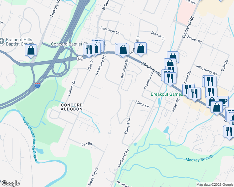 map of restaurants, bars, coffee shops, grocery stores, and more near 1111 Panorama Drive in Chattanooga