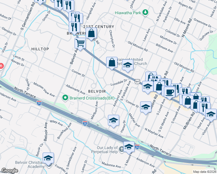 map of restaurants, bars, coffee shops, grocery stores, and more near 206 Marlboro Avenue in Chattanooga