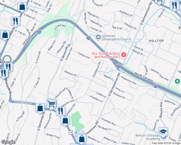 map of restaurants, bars, coffee shops, grocery stores, and more near 713 Donaldson Road in Chattanooga