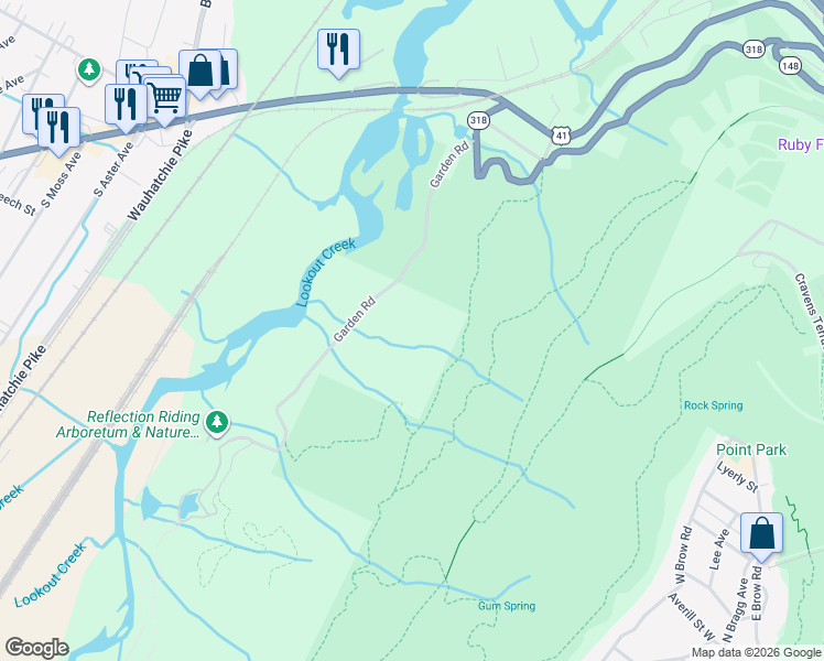 map of restaurants, bars, coffee shops, grocery stores, and more near 262 Garden Road in Chattanooga