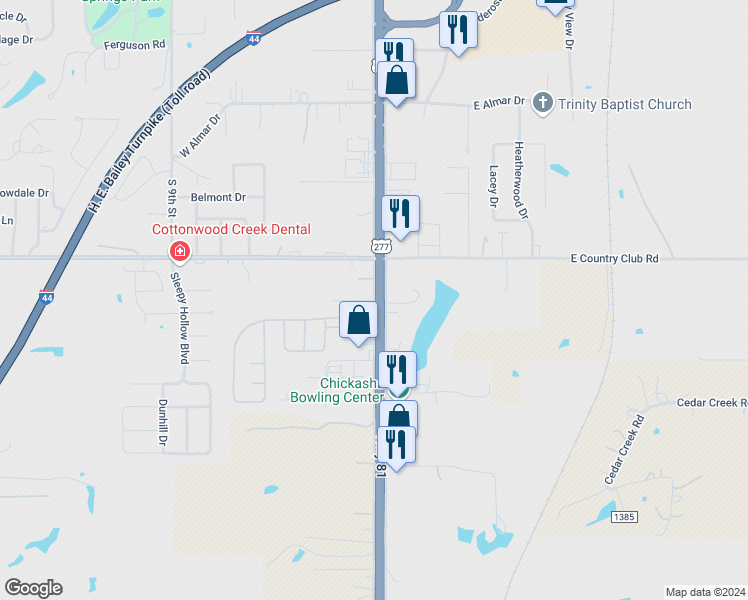 map of restaurants, bars, coffee shops, grocery stores, and more near 3318 South 4th Street in Chickasha