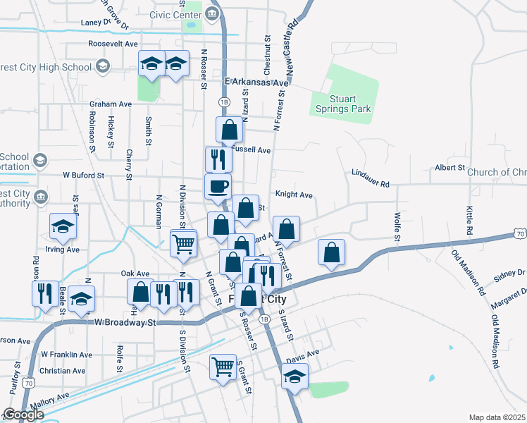 map of restaurants, bars, coffee shops, grocery stores, and more near 439 North Forrest Street in Forrest City