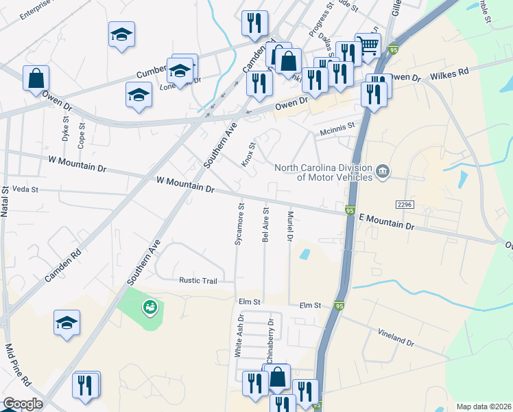 map of restaurants, bars, coffee shops, grocery stores, and more near 315 West Mountain Drive in Fayetteville