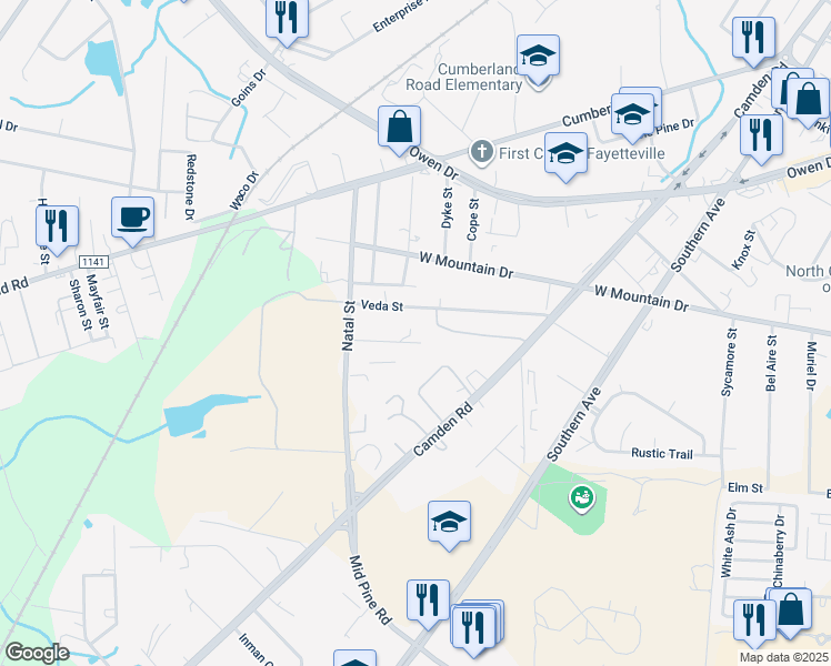 map of restaurants, bars, coffee shops, grocery stores, and more near 912 Burbank Street in Fayetteville