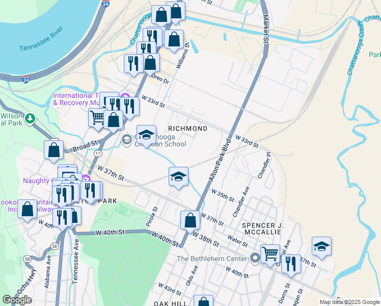 map of restaurants, bars, coffee shops, grocery stores, and more near 3416 Delong Street in Chattanooga