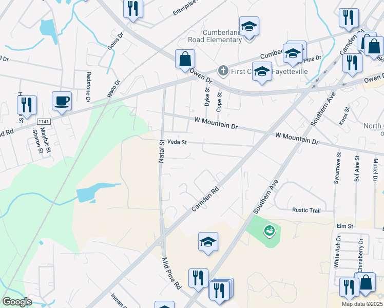 map of restaurants, bars, coffee shops, grocery stores, and more near 912 Burbank Street in Fayetteville