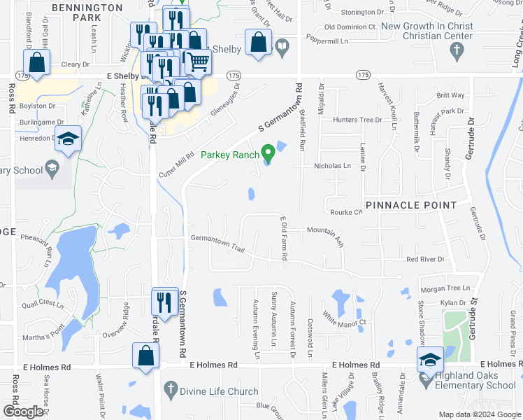 map of restaurants, bars, coffee shops, grocery stores, and more near 7258 North Old Farm Road in Memphis