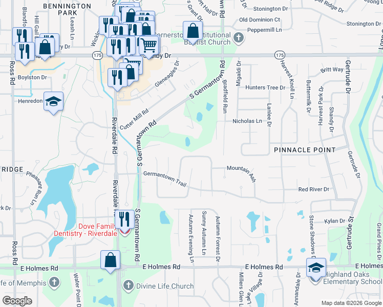 map of restaurants, bars, coffee shops, grocery stores, and more near 7250 North Old Farm Road in Memphis