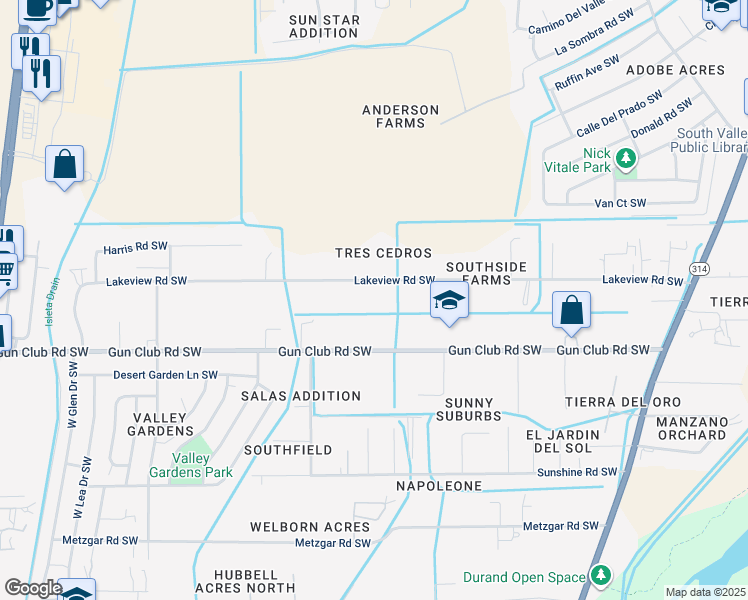 map of restaurants, bars, coffee shops, grocery stores, and more near 2227 Gun Club Road Southwest in Albuquerque