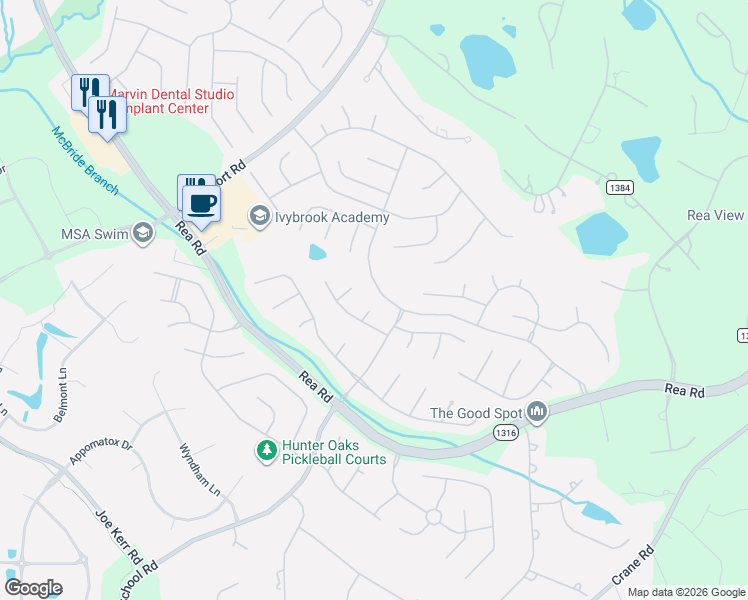 map of restaurants, bars, coffee shops, grocery stores, and more near 1003 Staghorn Lane in Waxhaw
