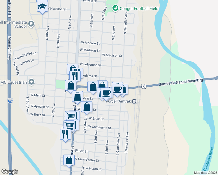 map of restaurants, bars, coffee shops, grocery stores, and more near in Purcell