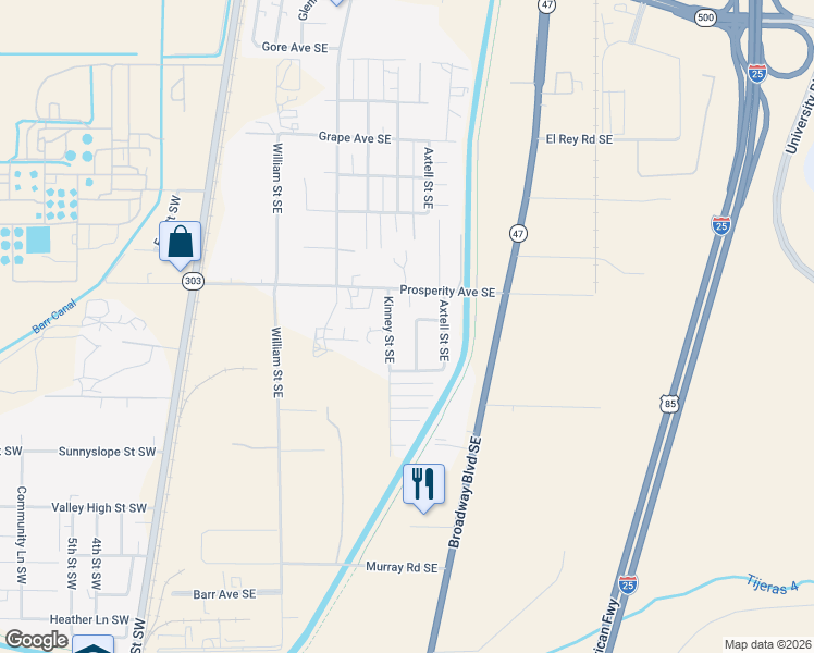 map of restaurants, bars, coffee shops, grocery stores, and more near 4616 Clay Street Southeast in Albuquerque