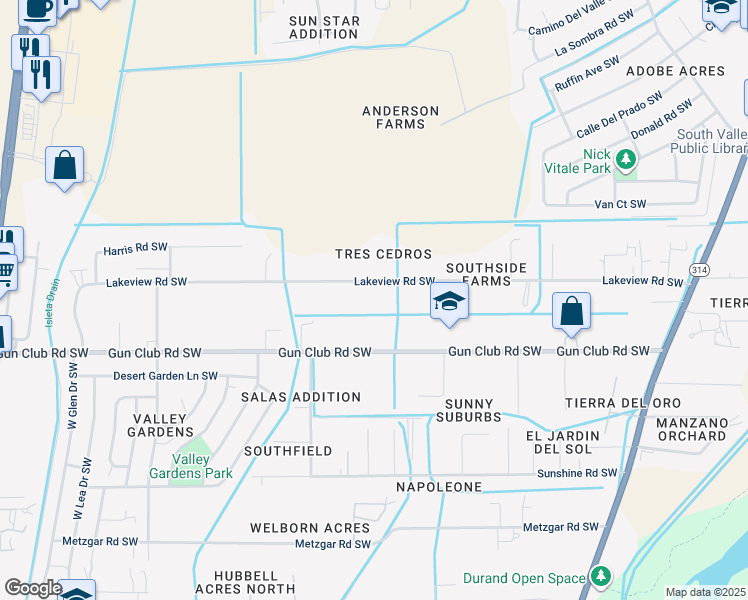 map of restaurants, bars, coffee shops, grocery stores, and more near 2227 Gun Club Road Southwest in Albuquerque