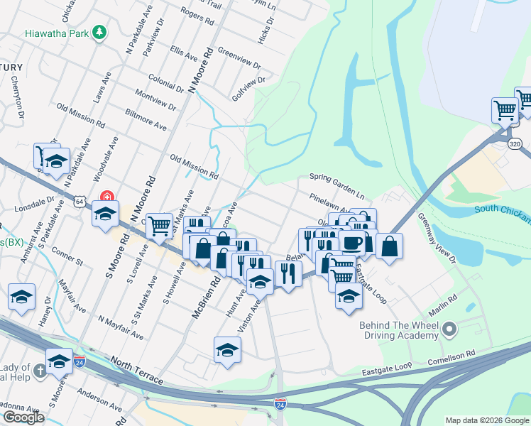 map of restaurants, bars, coffee shops, grocery stores, and more near 5334 Meadowbrook Lane in Chattanooga
