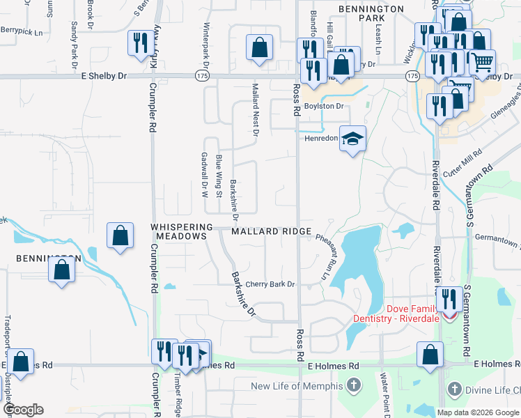 map of restaurants, bars, coffee shops, grocery stores, and more near 6624 Lake Valley Drive in Memphis