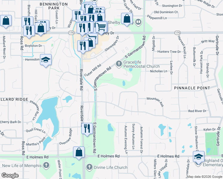 map of restaurants, bars, coffee shops, grocery stores, and more near 4939 Barrington Cove in Memphis