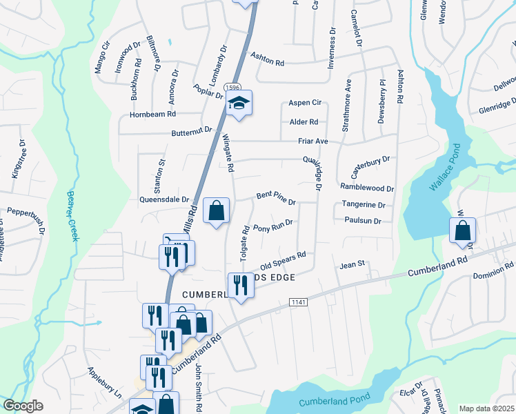 map of restaurants, bars, coffee shops, grocery stores, and more near 2203 Tolgate Road in Fayetteville